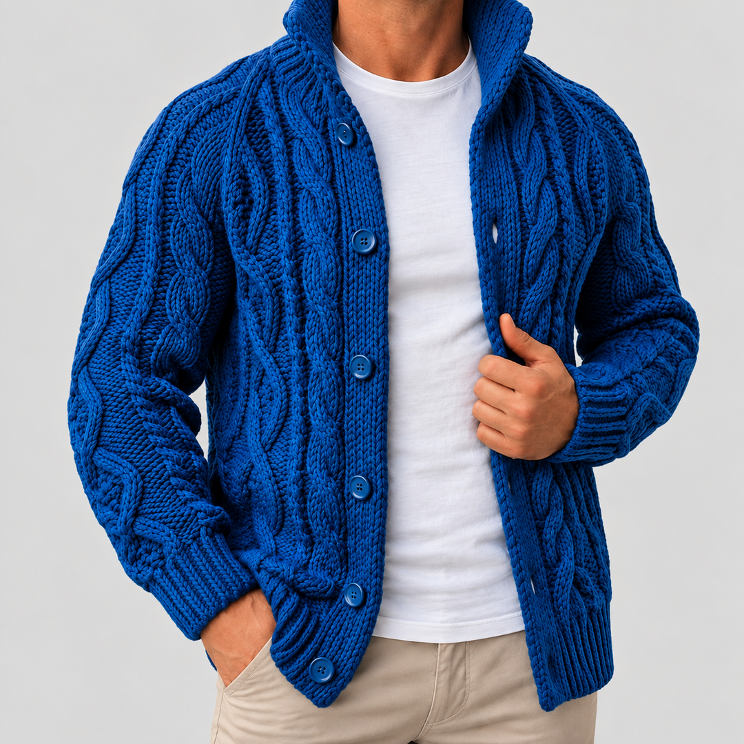 Maglione da uomo in maglia intrecciata con collo sciallato e bottoni
