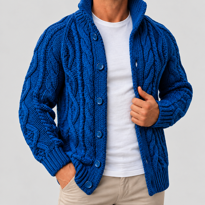 Maglione da uomo in maglia intrecciata con collo sciallato e bottoni