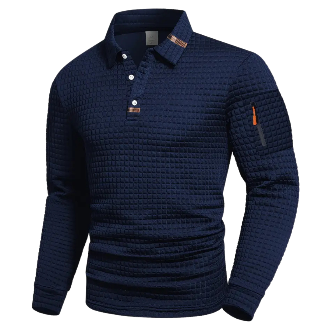 Polo da uomo a maniche lunghe in maglia goffrata con taschino sulla manica