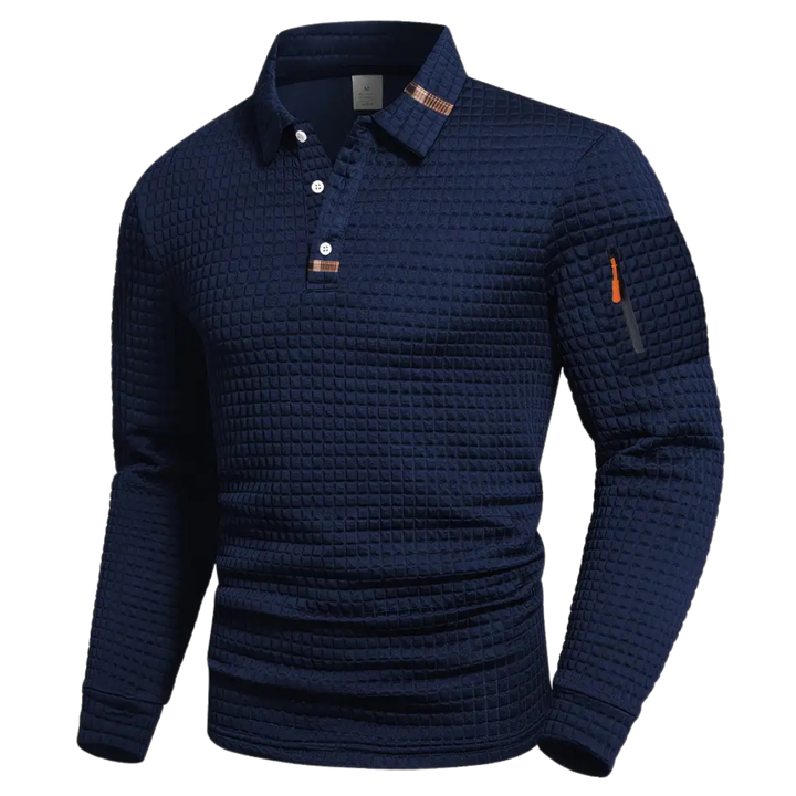 Polo da uomo a maniche lunghe in maglia goffrata con taschino sulla manica
