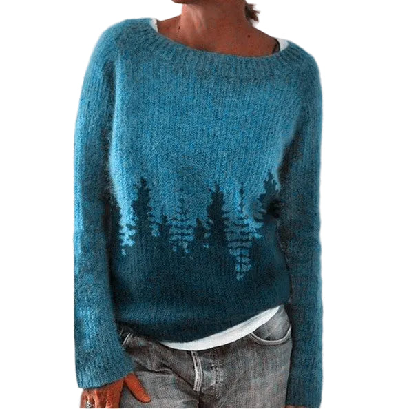 Un pull bleu vintage pour femme avec des motifs de sapins créant un effet ombré. Ce modèle à manches longues et col rond est parfait pour les journées froides de l'hiver, alliant confort et style décontracté. Une pièce idéale pour ajouter une touche de chaleur et d'originalité à votre garde-robe.