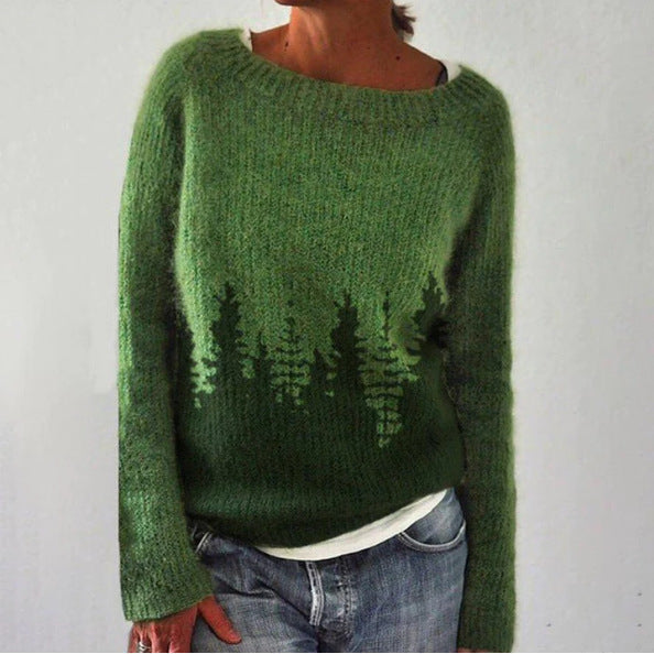 Un pull vert vintage pour femme, orné de motifs de sapins qui créent un effet ombré en bas. Ce modèle à manches longues et col rond est parfait pour les journées fraîches de l'hiver, offrant une combinaison de chaleur et de style décontracté. Idéal pour apporter une touche de nature et de confort à votre garde-robe.