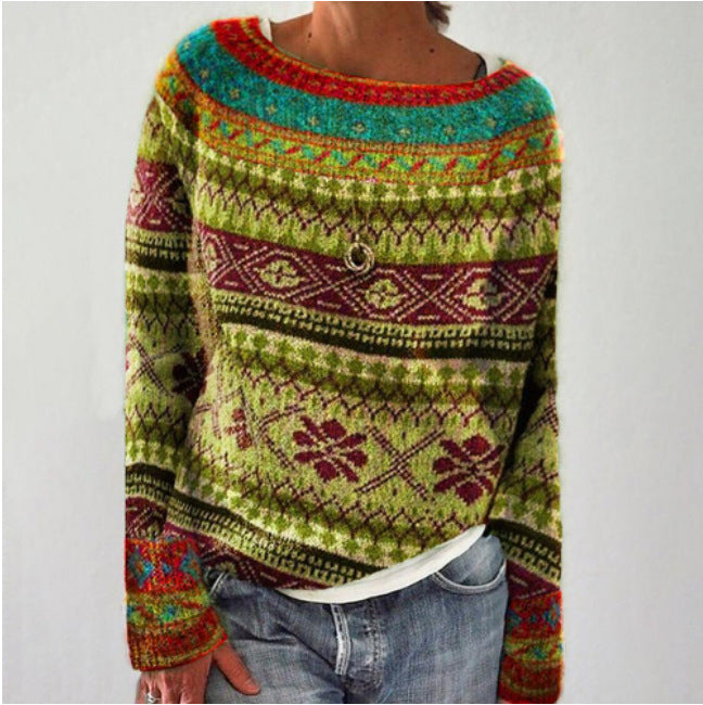 Un pull vintage pour femme, avec des motifs floraux et géométriques colorés, parfait pour l'hiver. Le modèle présente des nuances de vert, rouge, bleu et orange, et un col rond. Ce pull à manches longues combine confort et style, offrant une touche chaleureuse et festive à votre garde-robe hivernale.