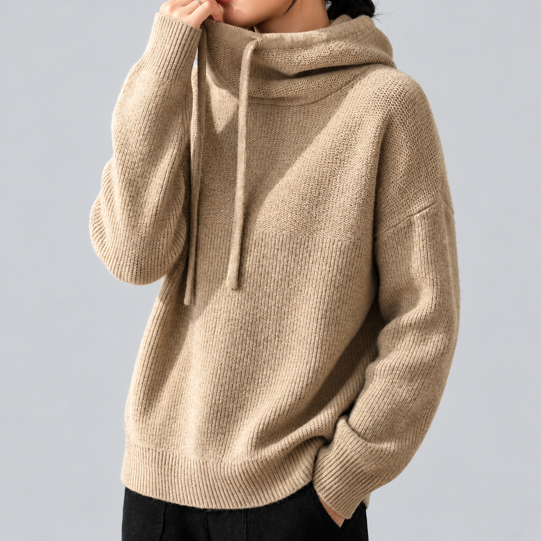 Felpa con cappuccio da donna in lana merino, vestibilità comoda con coulisse