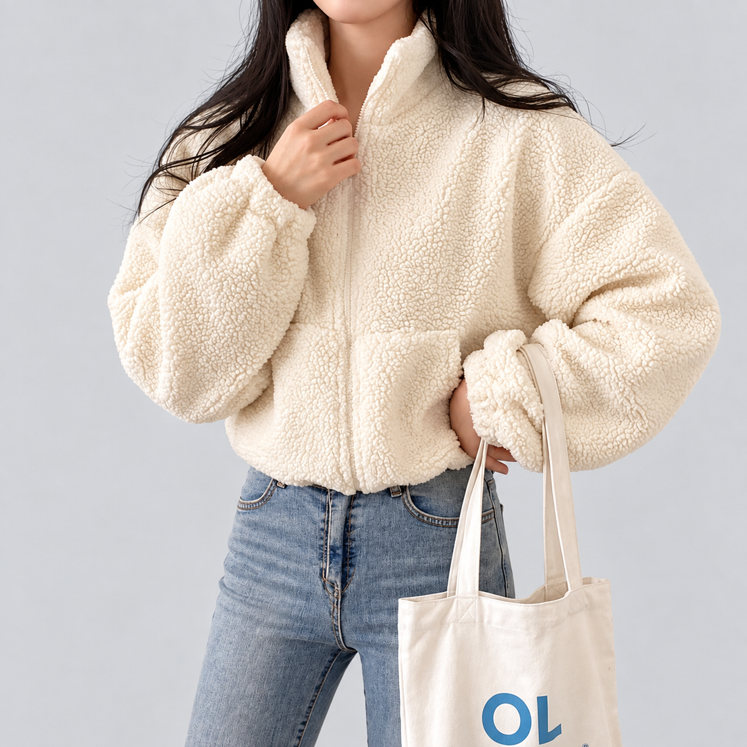 Giacca in pile da donna in sherpa, corta e casual, con mezza zip