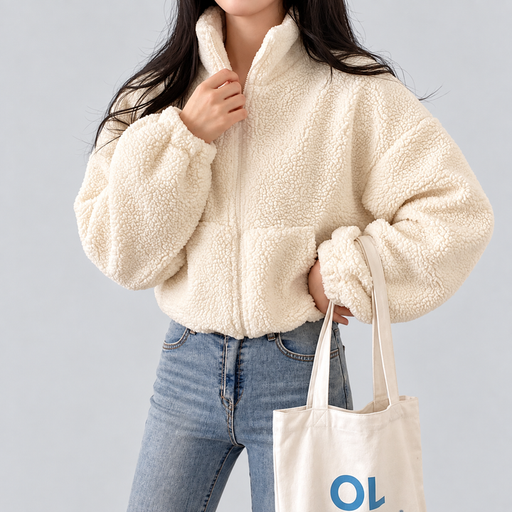 Giacca in pile da donna in sherpa, corta e casual, con mezza zip