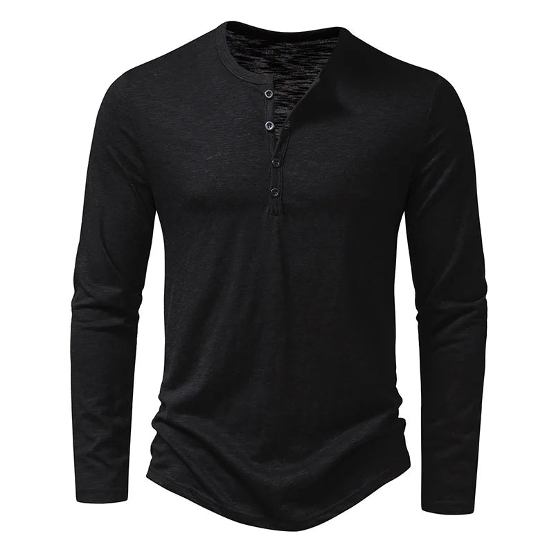 Chemise Henley contemporaine Crispin pour homme noire, manches longues et col rond avec patte boutonnée, coupe moderne confortable.