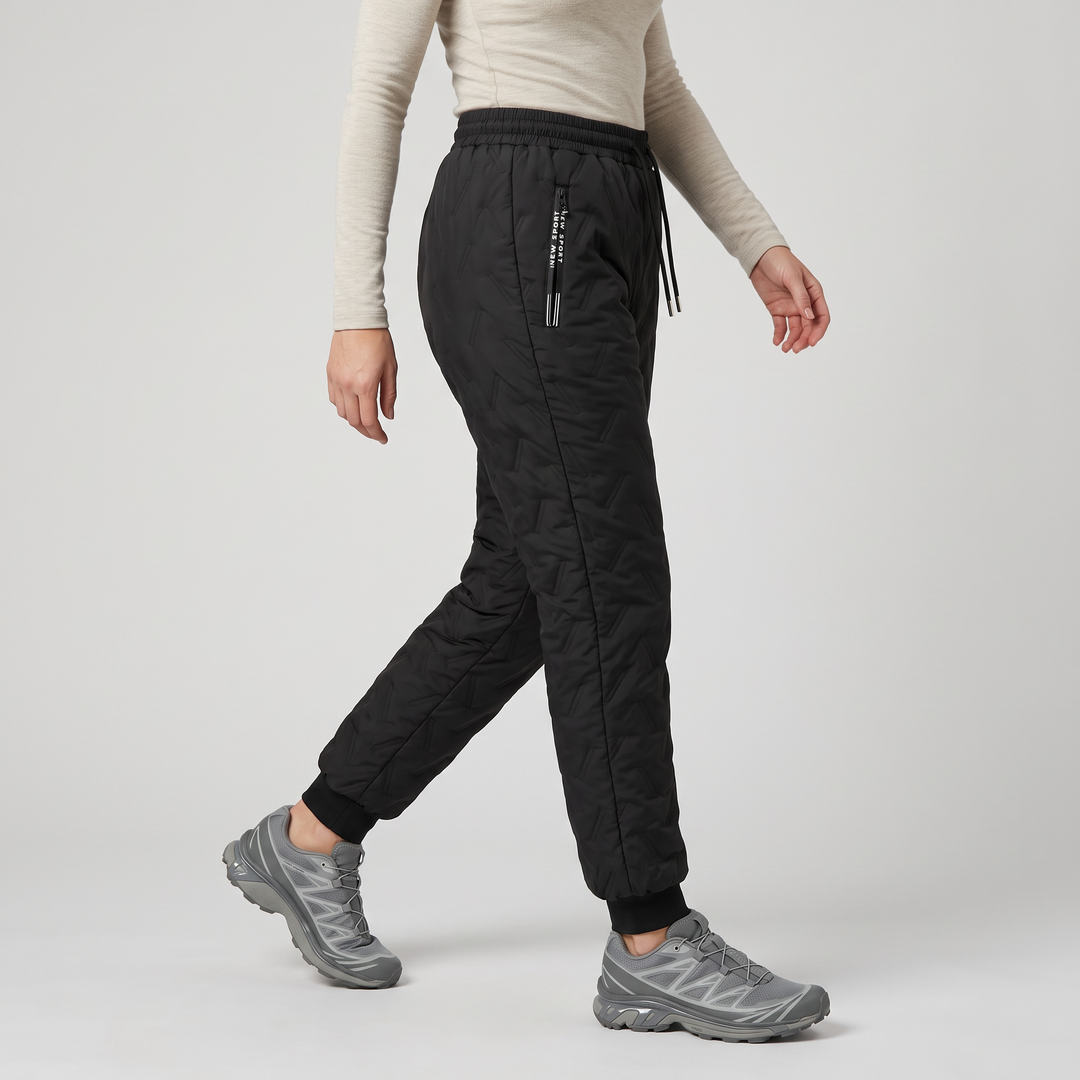 Pantaloni invernali da donna foderati in sherpa, trapuntati, con vita con coulisse