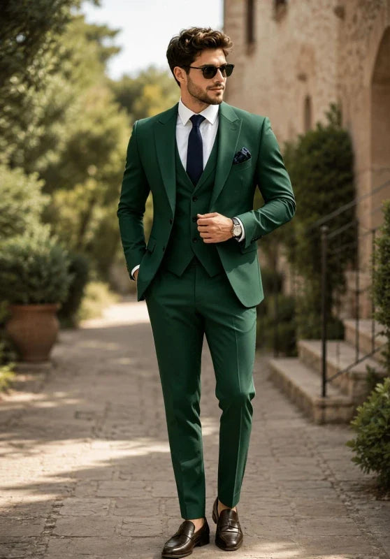 Heren driedelig pak met slim fit, met contrasterende revers en een gilet met knopen