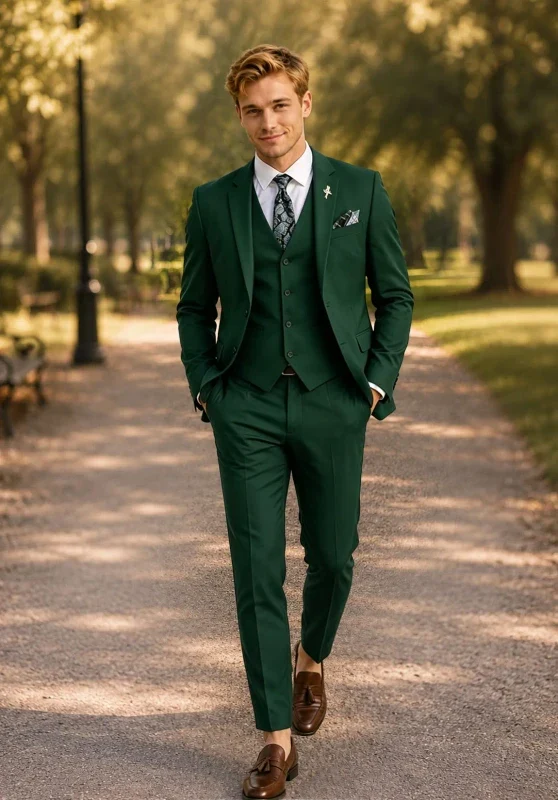 Costume Trois Pièces Homme Coupe Slim avec Col Notch et Gilet Cinq Boutons
