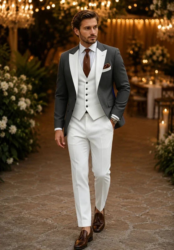 Costume Trois Pièces Homme Coupe Slim avec Col Châle et Gilet Boutonné