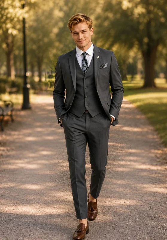 Costume Trois Pièces Homme Coupe Slim avec Col Notch et Gilet Cinq Boutons