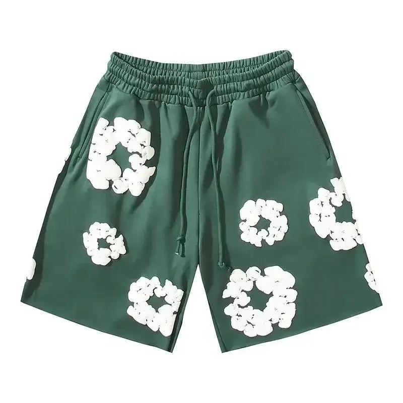 Men's Fleece Shorts with Floral Pattern and Drawstring Waist