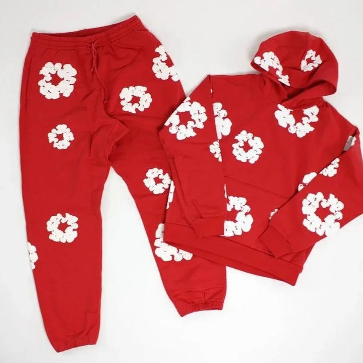 Unisex-Trainingsanzug mit Kapuze und Blumenmuster sowie Jogginghose