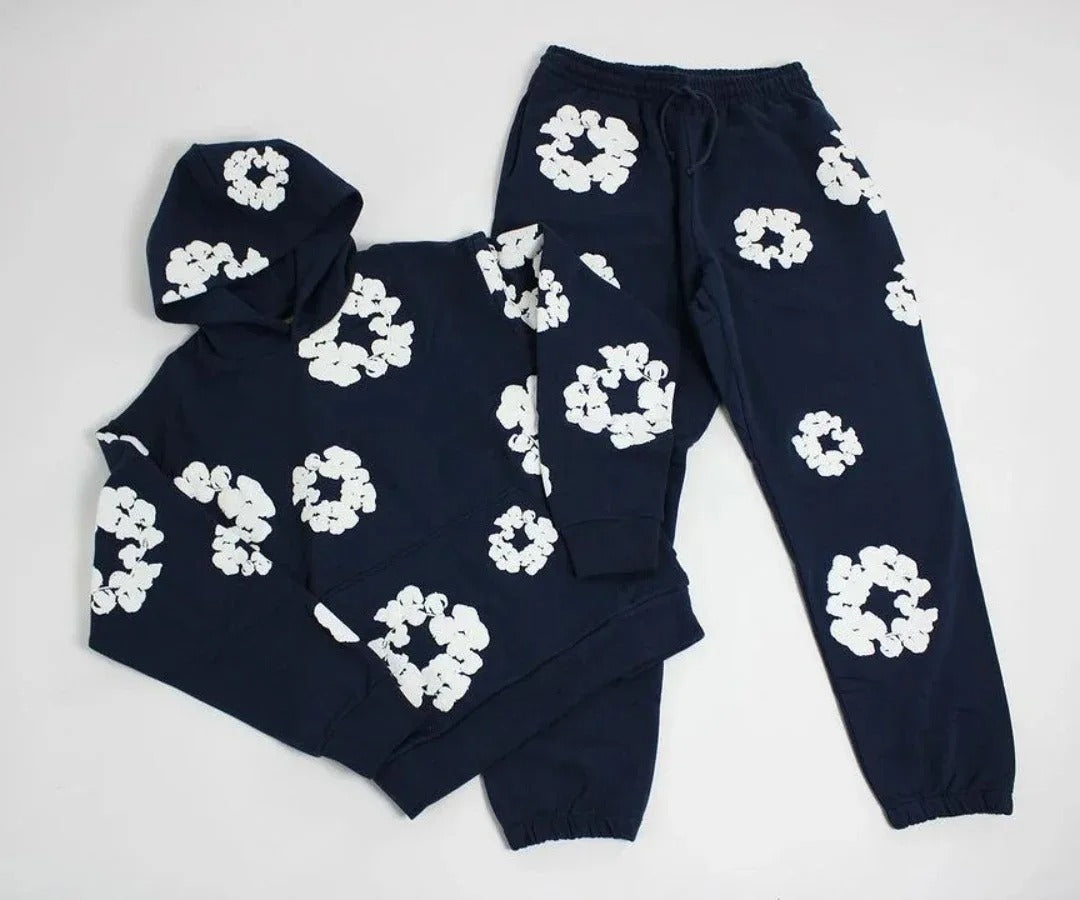 Unisex-Trainingsanzug mit Kapuze und Blumenmuster sowie Jogginghose