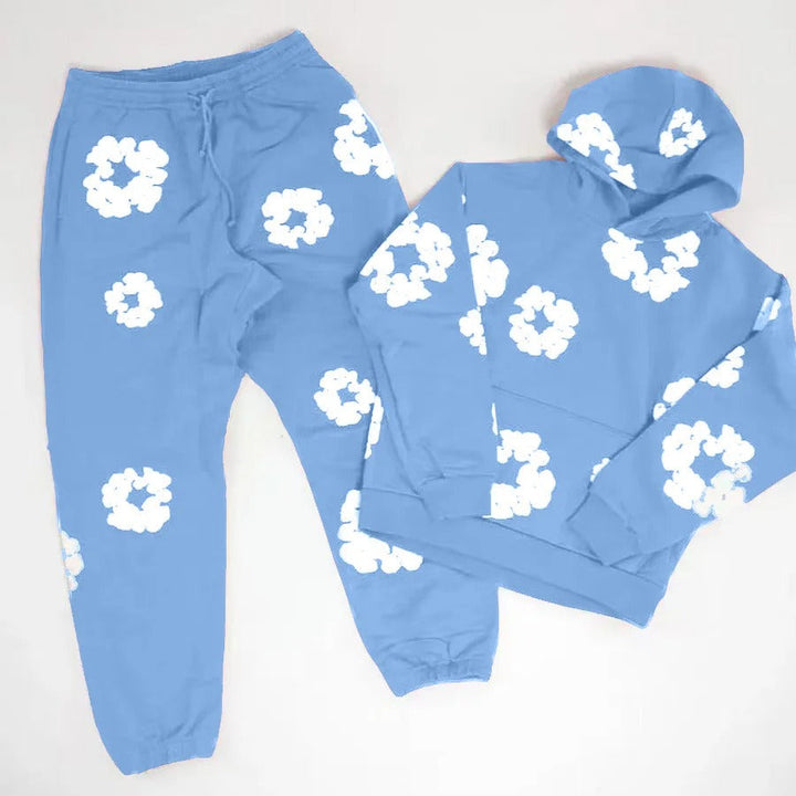 Unisex-Trainingsanzug mit Kapuze und Blumenmuster sowie Jogginghose