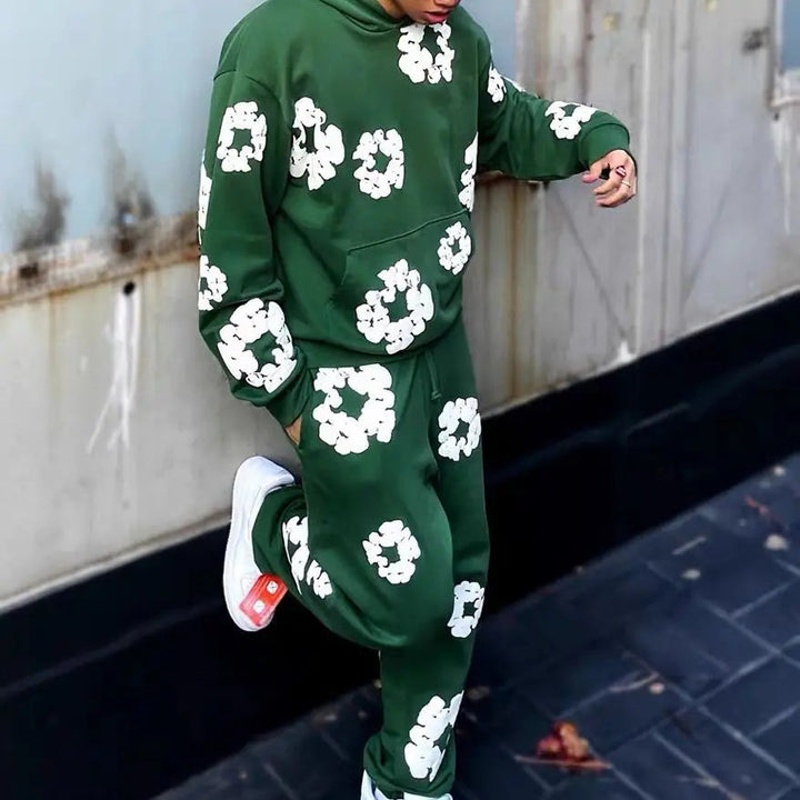 Unisex-Trainingsanzug mit Kapuze und Blumenmuster sowie Jogginghose