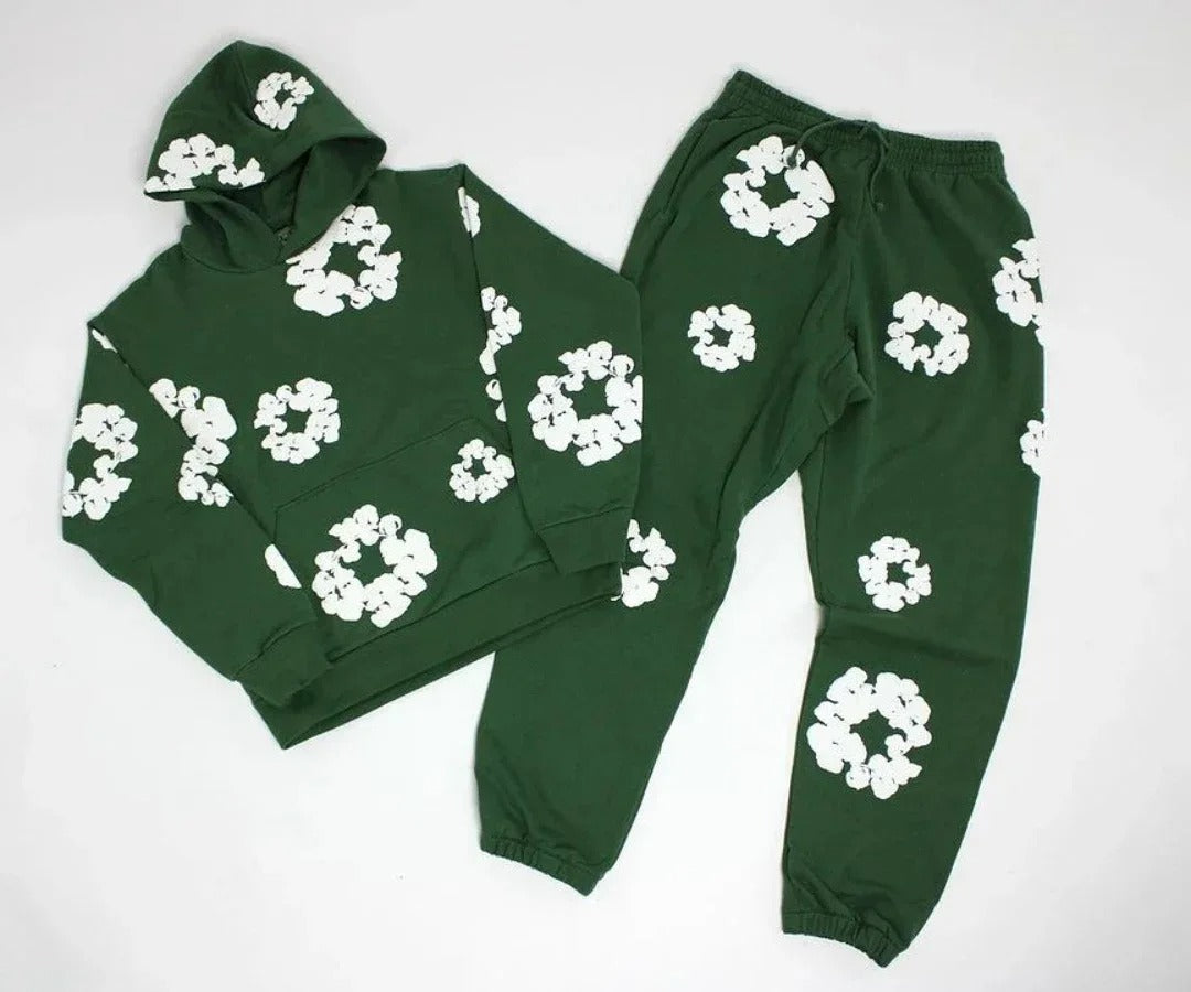 Unisex-Trainingsanzug mit Kapuze und Blumenmuster sowie Jogginghose