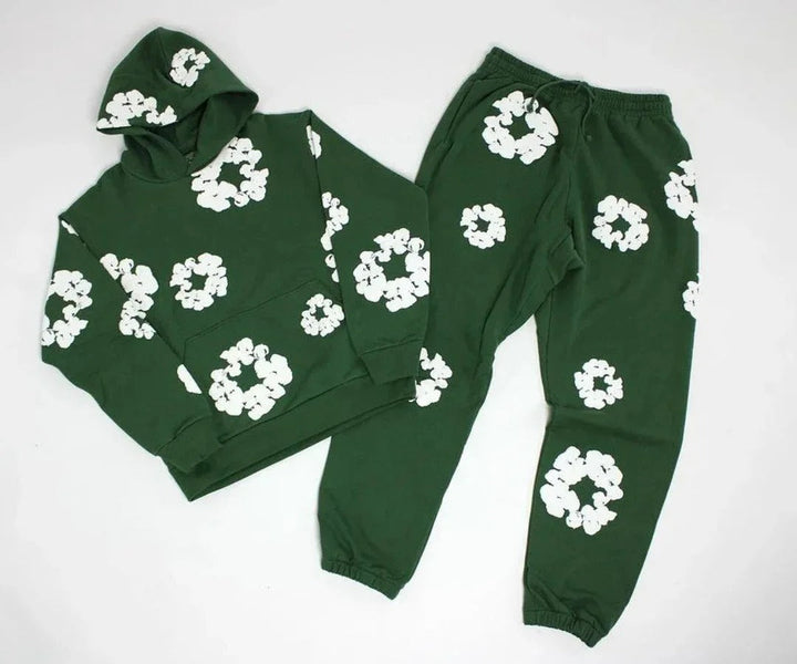 Unisex-Trainingsanzug mit Kapuze und Blumenmuster sowie Jogginghose