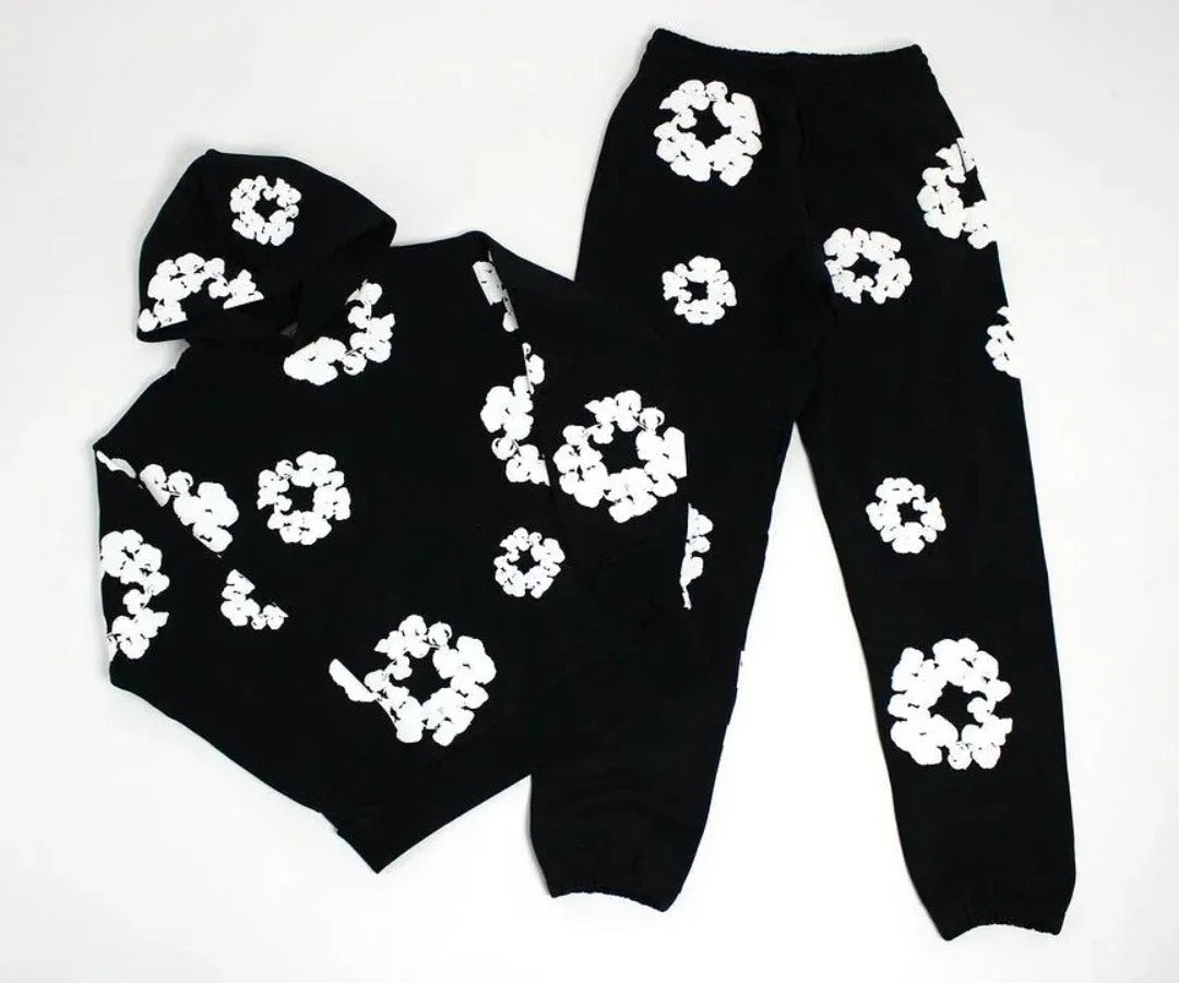 Unisex-Trainingsanzug mit Kapuze und Blumenmuster sowie Jogginghose
