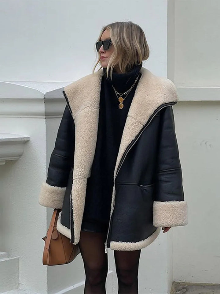 Veste en Cuir d'Agneau Véritable pour Femme Noire avec Col en Fausse Fourrure Oversize