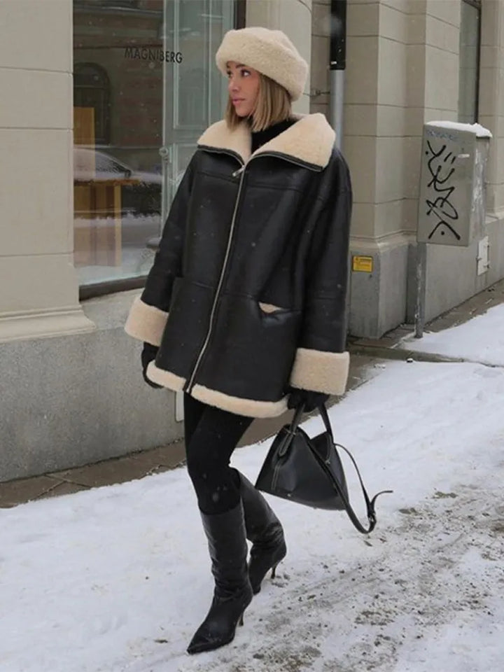 Veste en Cuir d'Agneau Véritable pour Femme Noire avec Col en Fausse Fourrure Oversize