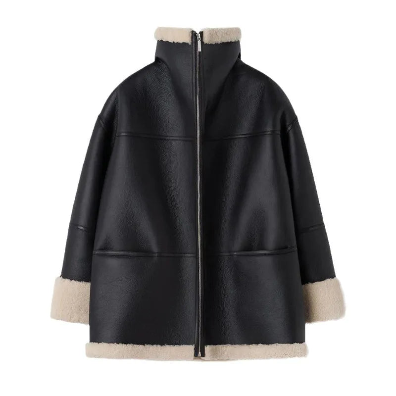 Veste en Cuir d'Agneau Véritable pour Femme Noire avec Col en Fausse Fourrure Oversize