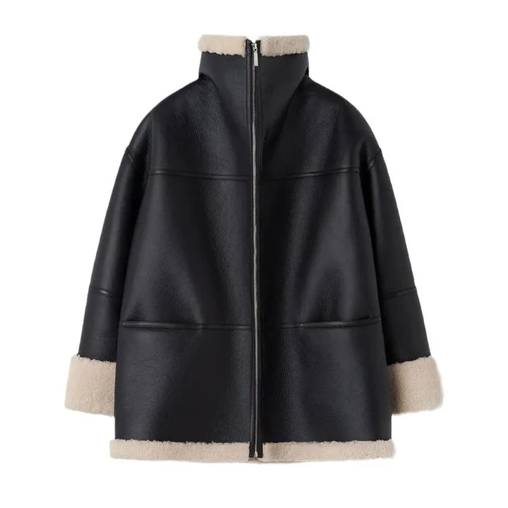 Veste en Cuir d'Agneau Véritable pour Femme Noire avec Col en Fausse Fourrure Oversize
