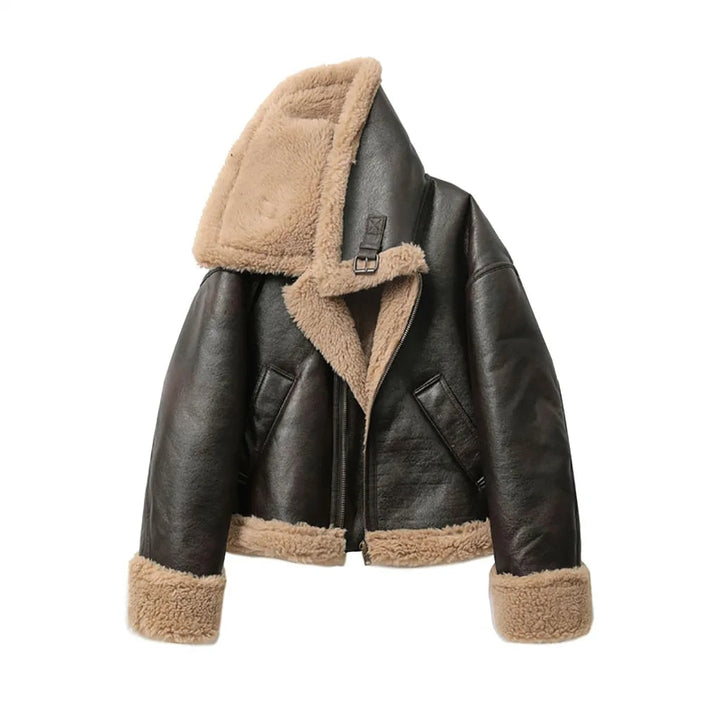 Women's genuine lambskin leather jacket in black with faux fur collar