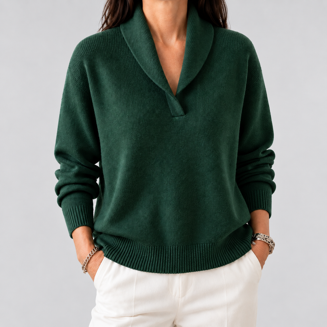 Pullover da donna in maglia fine con collo a scialle aperto e taglio casual