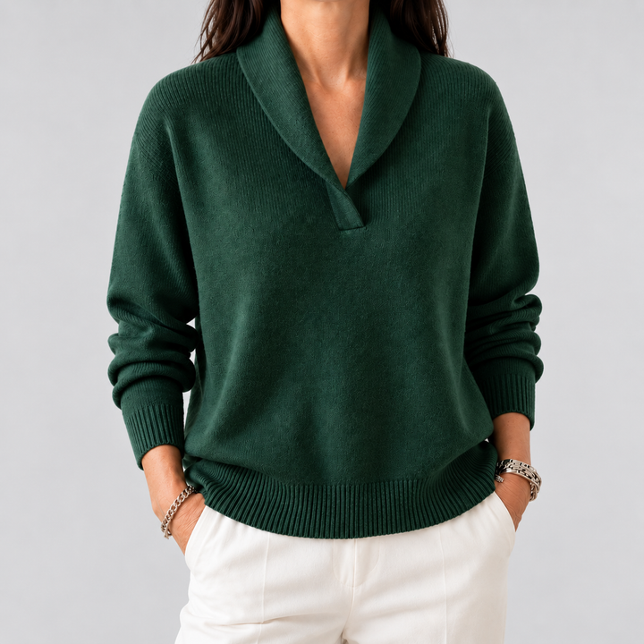 Pullover da donna in maglia fine con collo a scialle aperto e taglio casual