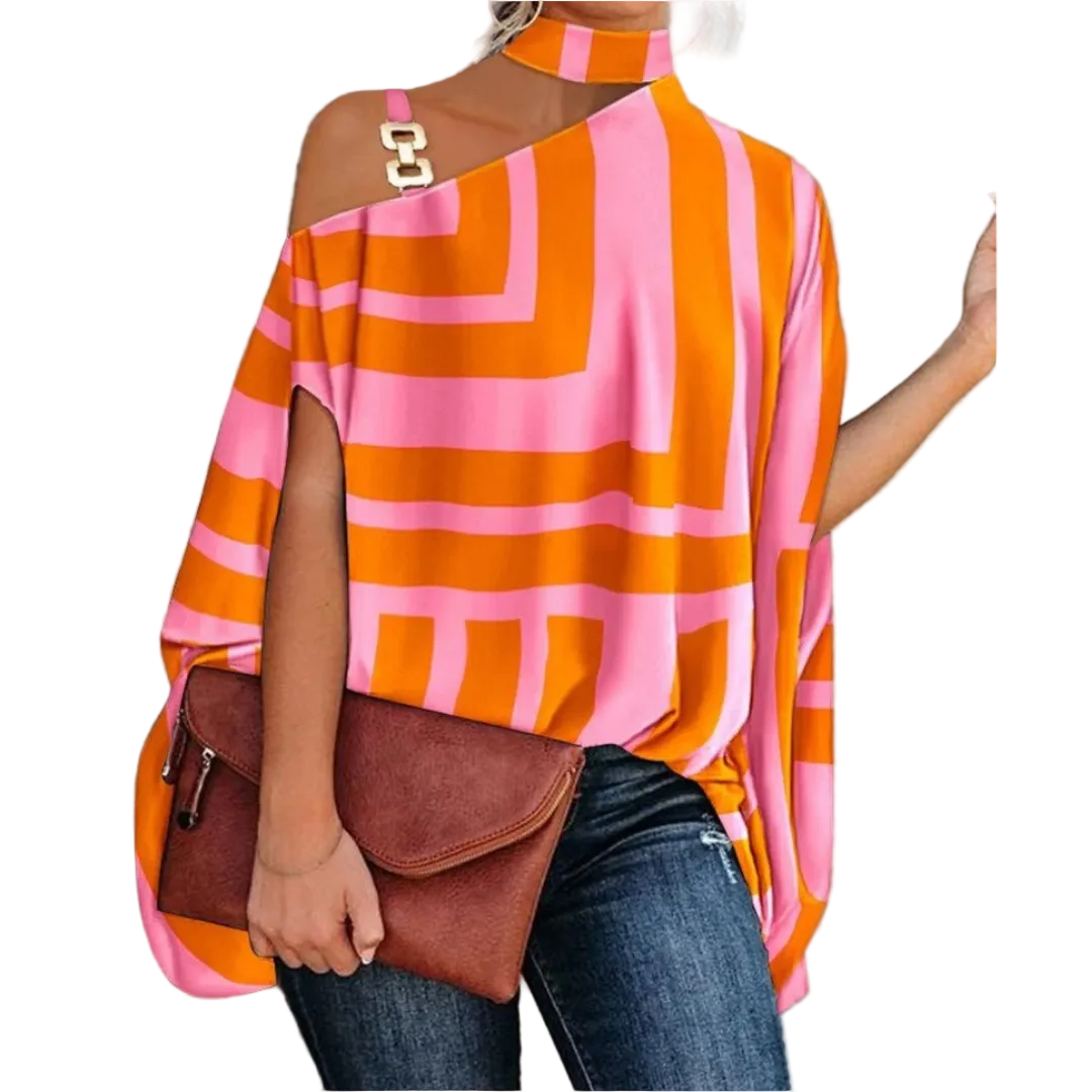top asymétrique à manches longues avec un décolleté épaule dégagée, imprimé géométrique en teintes vives de rose et orange, orné d'un détail en chaîne dorée, parfait pour un look tendance et élégant.