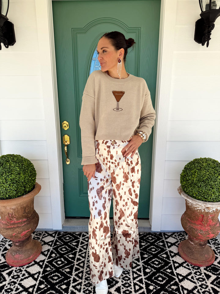 Pantalon Satin Femme – Imprimé Vache Marron à Boutons