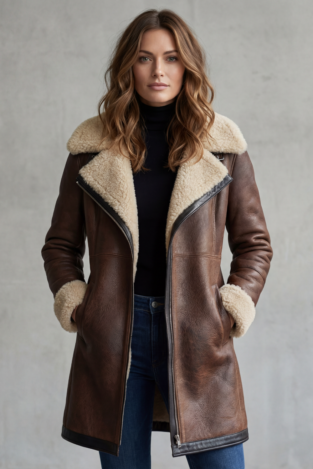 Genuine women's lambskin leather jacket with notched collar and zip closure
