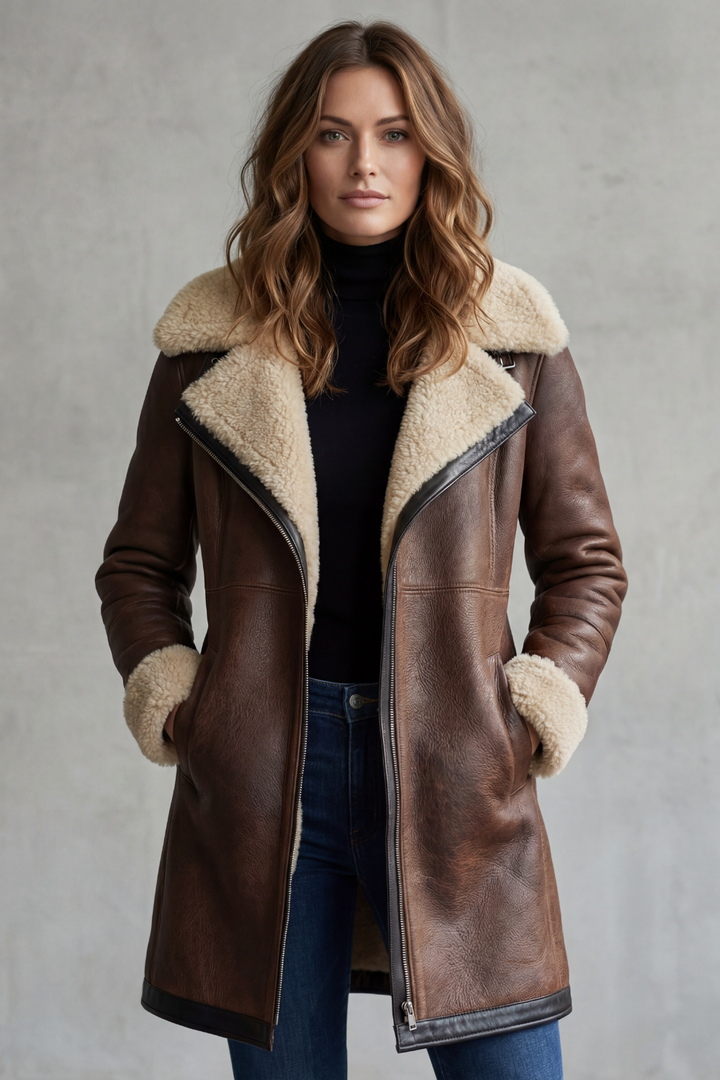 Genuine women's lambskin leather jacket with notched collar and zip closure