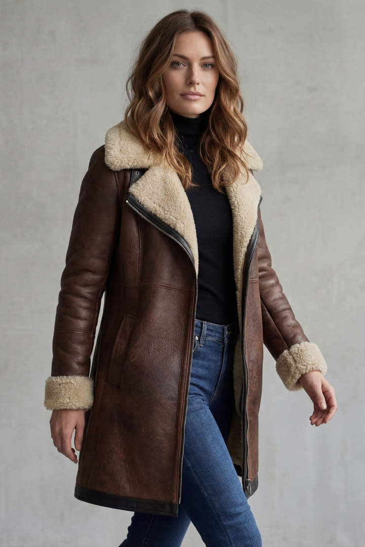 Genuine women's lambskin leather jacket with notched collar and zip closure