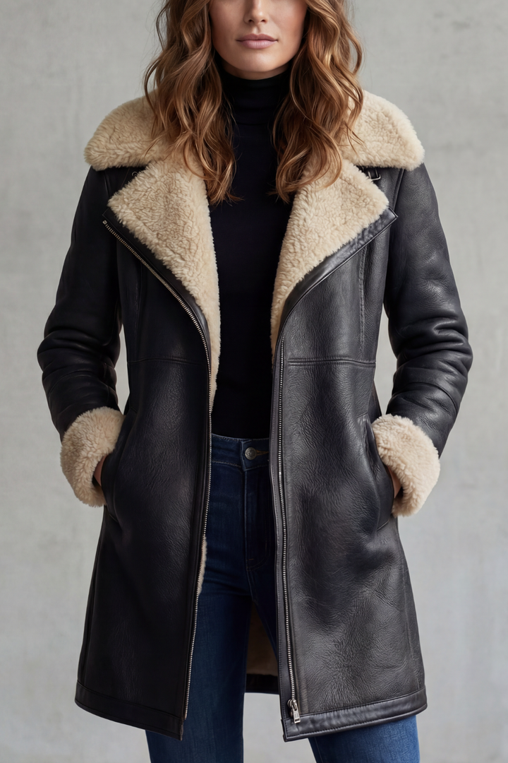 Genuine women's lambskin leather jacket with notched collar and zip closure