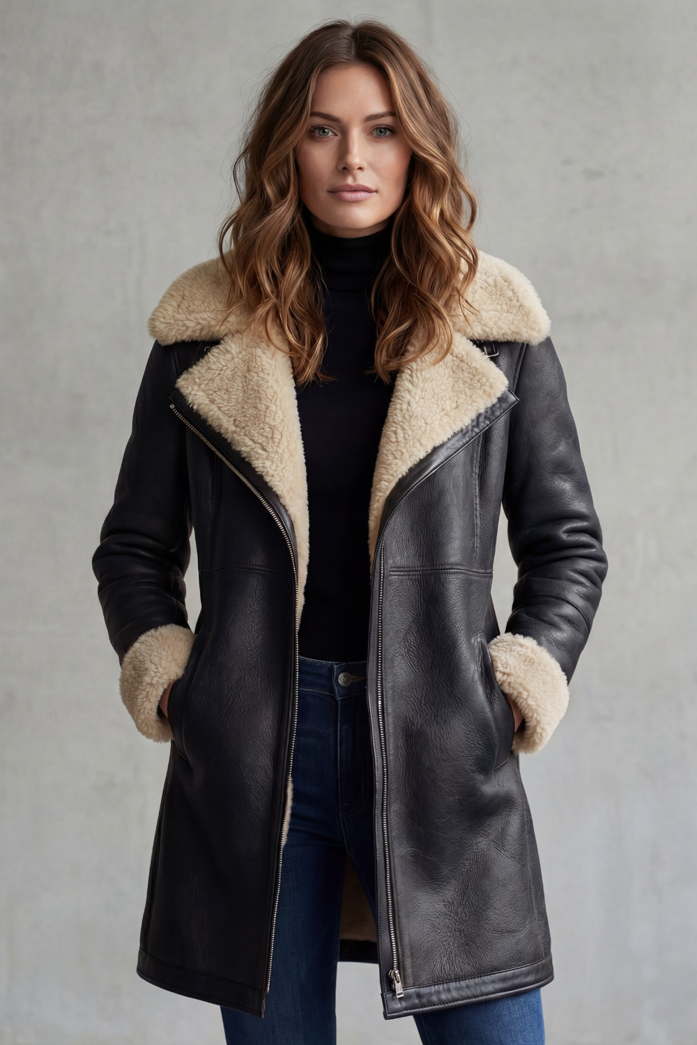 Genuine women's lambskin leather jacket with notched collar and zip closure