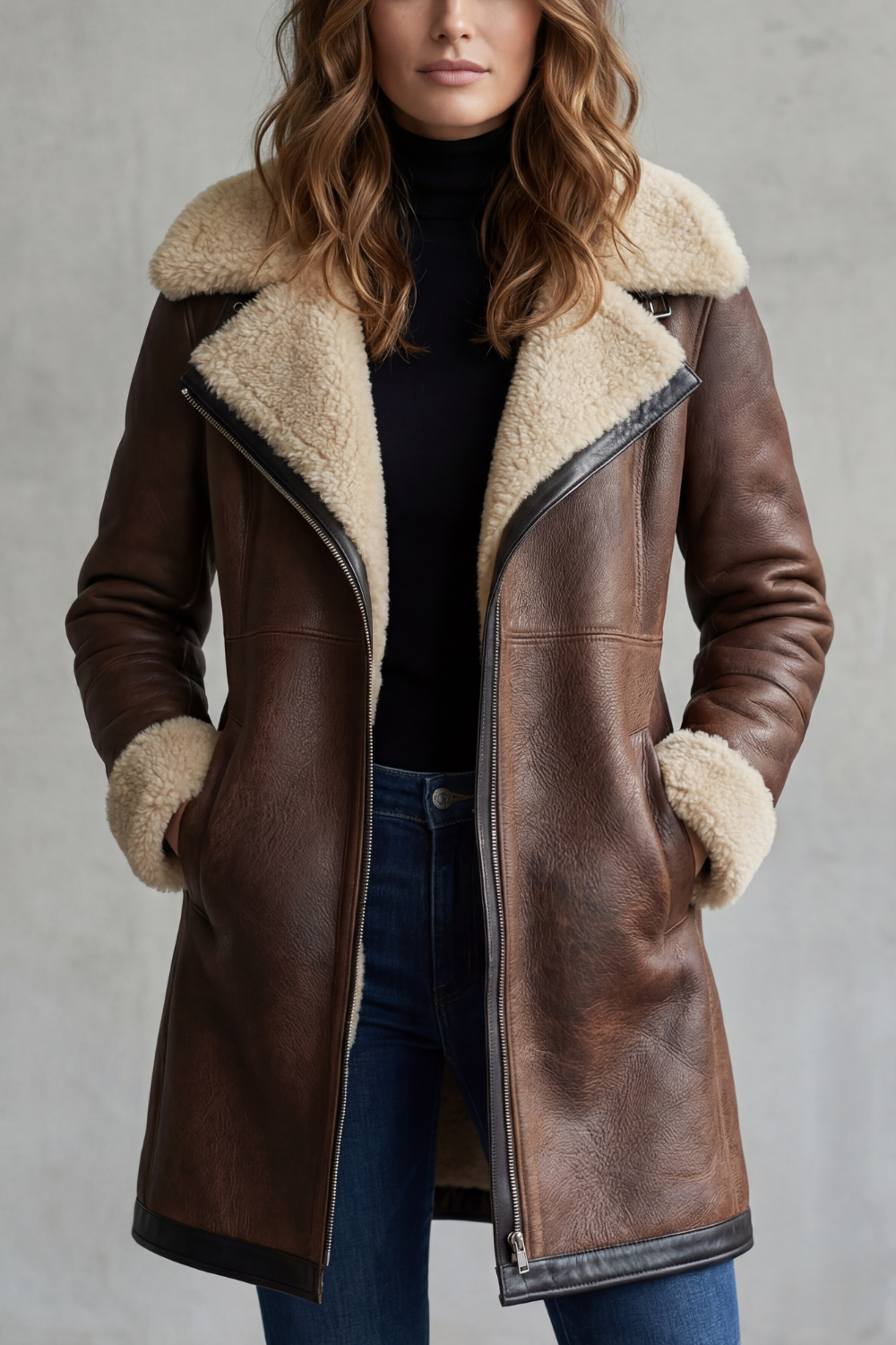 Genuine women's lambskin leather jacket with notched collar and zip closure