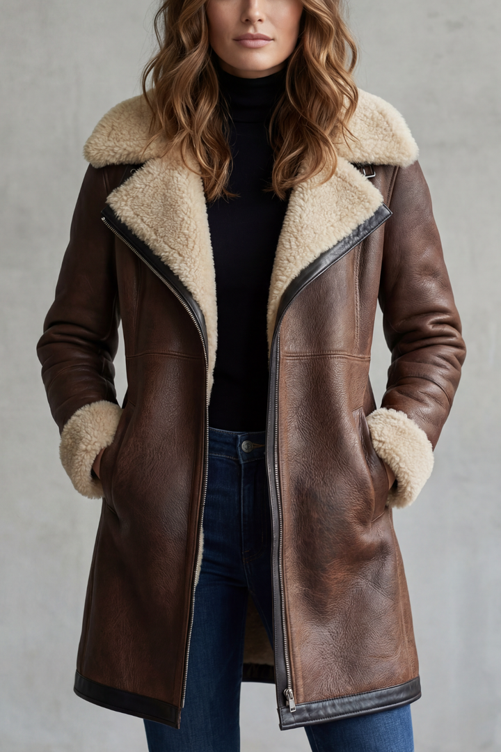 Genuine women's lambskin leather jacket with notched collar and zip closure
