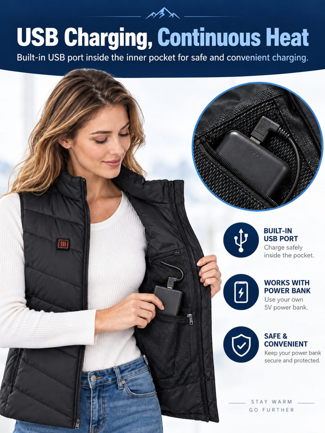 Women's Quilted Heated Vest with Stand-Up Collar and Zippered Pockets