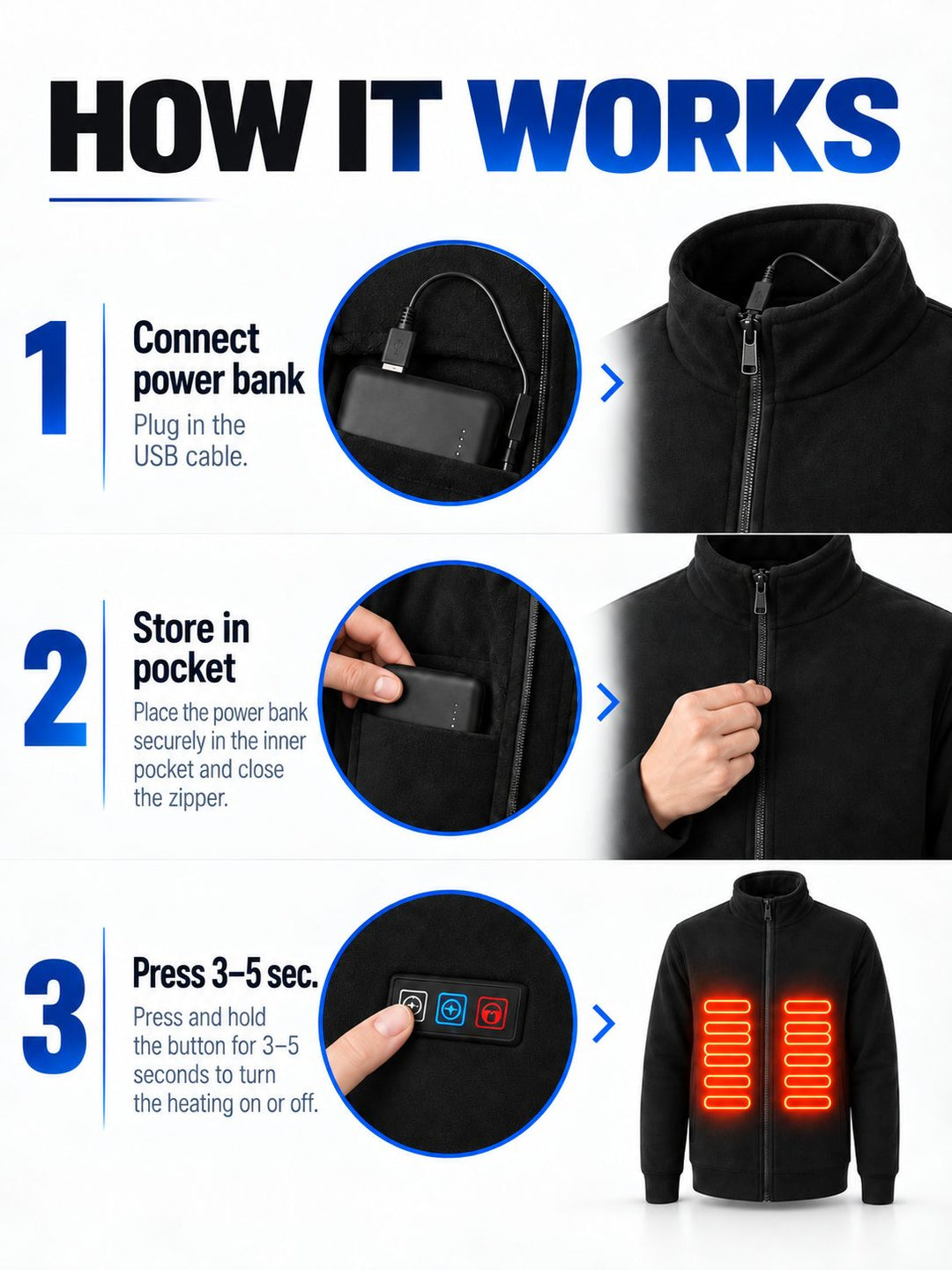 Veste Chauffante Homme USB Polaire Col Montant