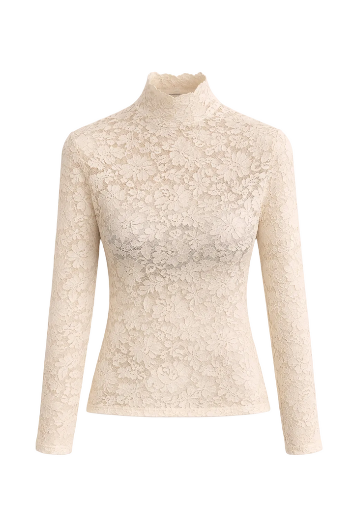 Top en dentelle dorée pour femme, manches longues, col montant, coupe ajustée et élégant motif floral, style tendance et raffiné.