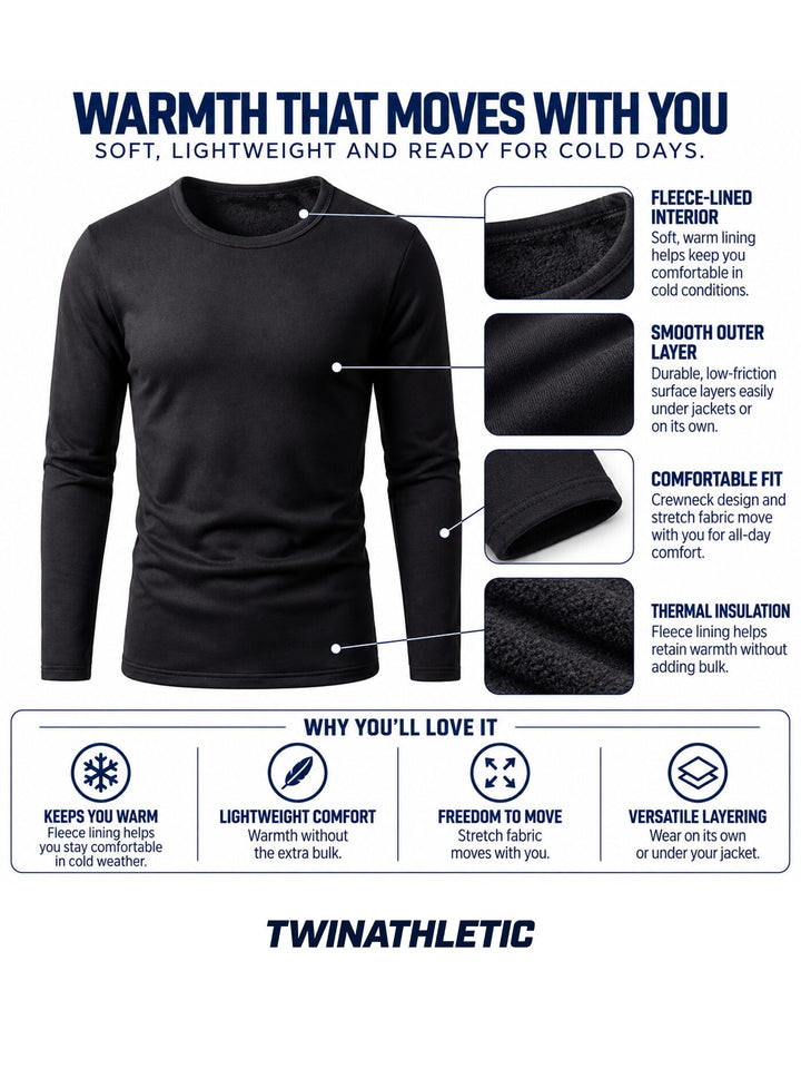 Tee-Shirt Thermique Homme Doublé Polaire Col Rond Manches Longues