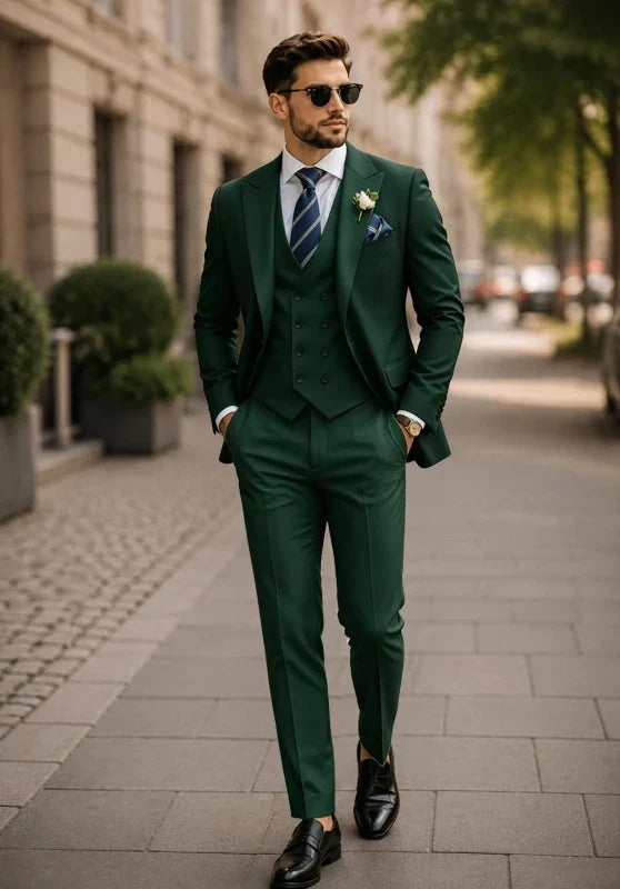 Costume Trois Pièces Homme Coupe Slim Infroissable avec Col Peak et Gilet Croisé