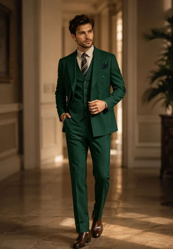 Costume Trois Pièces Homme Coupe Slim avec Veste Croisée et Col Peak
