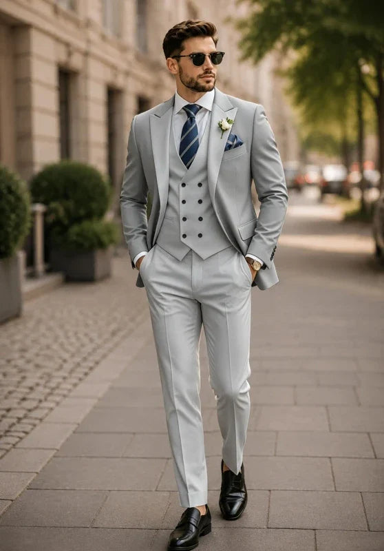 Costume Trois Pièces Homme Coupe Slim Infroissable avec Col Peak et Gilet Croisé