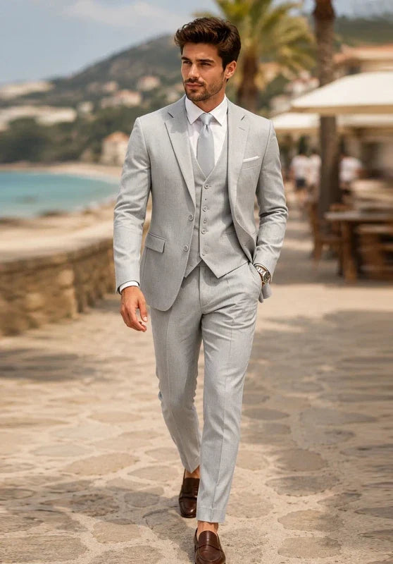 Costume Trois Pièces Homme Coupe Slim avec Col Notch et Gilet Assorti
