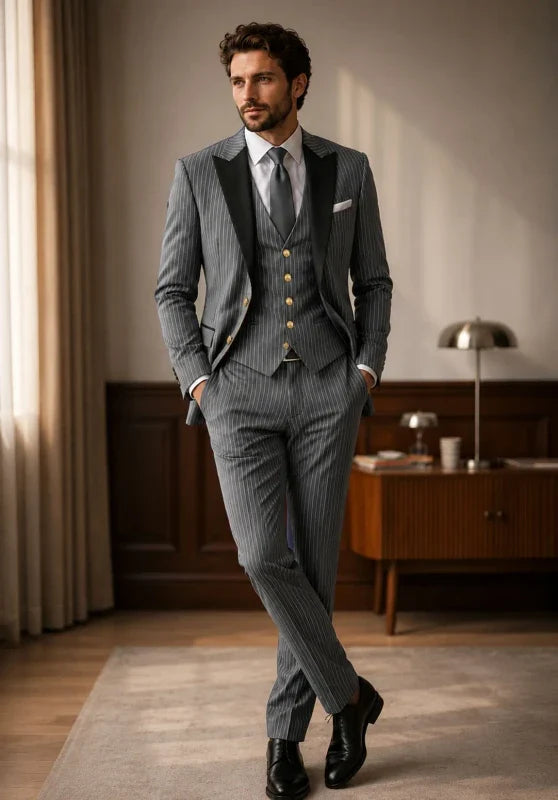 Costume Trois Pièces Homme Coupe Slim à Rayures avec Col Contrastant et Gilet Assorti