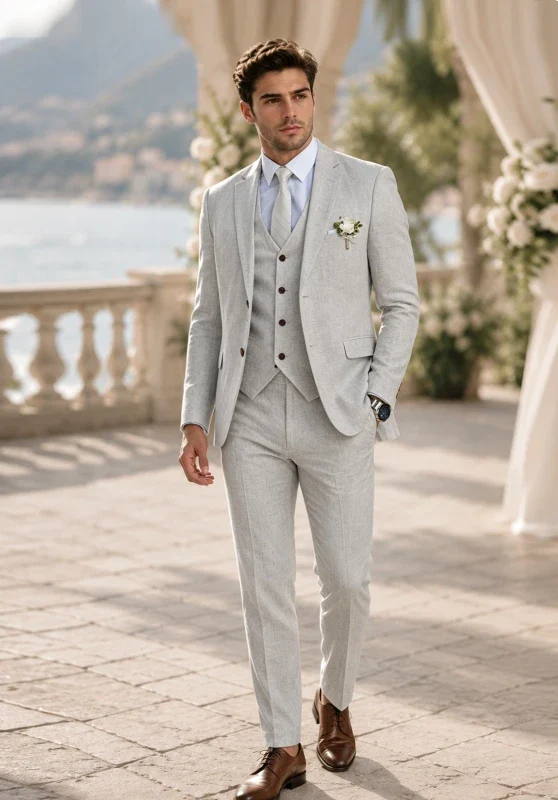 Costume Trois Pièces Homme Coupe Regular en Lin avec Col Notch et Gilet Boutonné